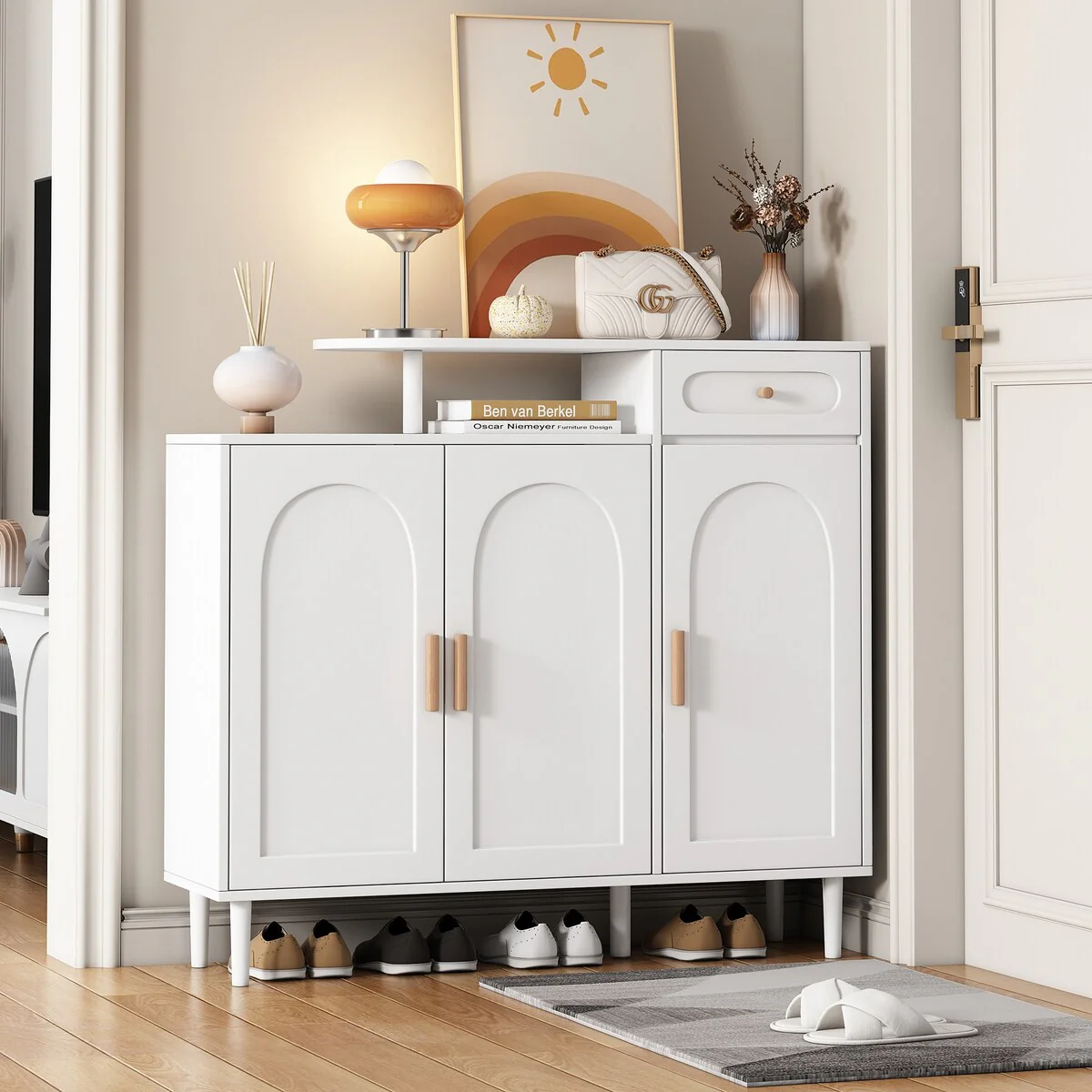 Shoe Cabinet with Arched Doors and Drawer, Cream Style Storage Sideboard with Adjustable Shelves and Solid Wood Legs
