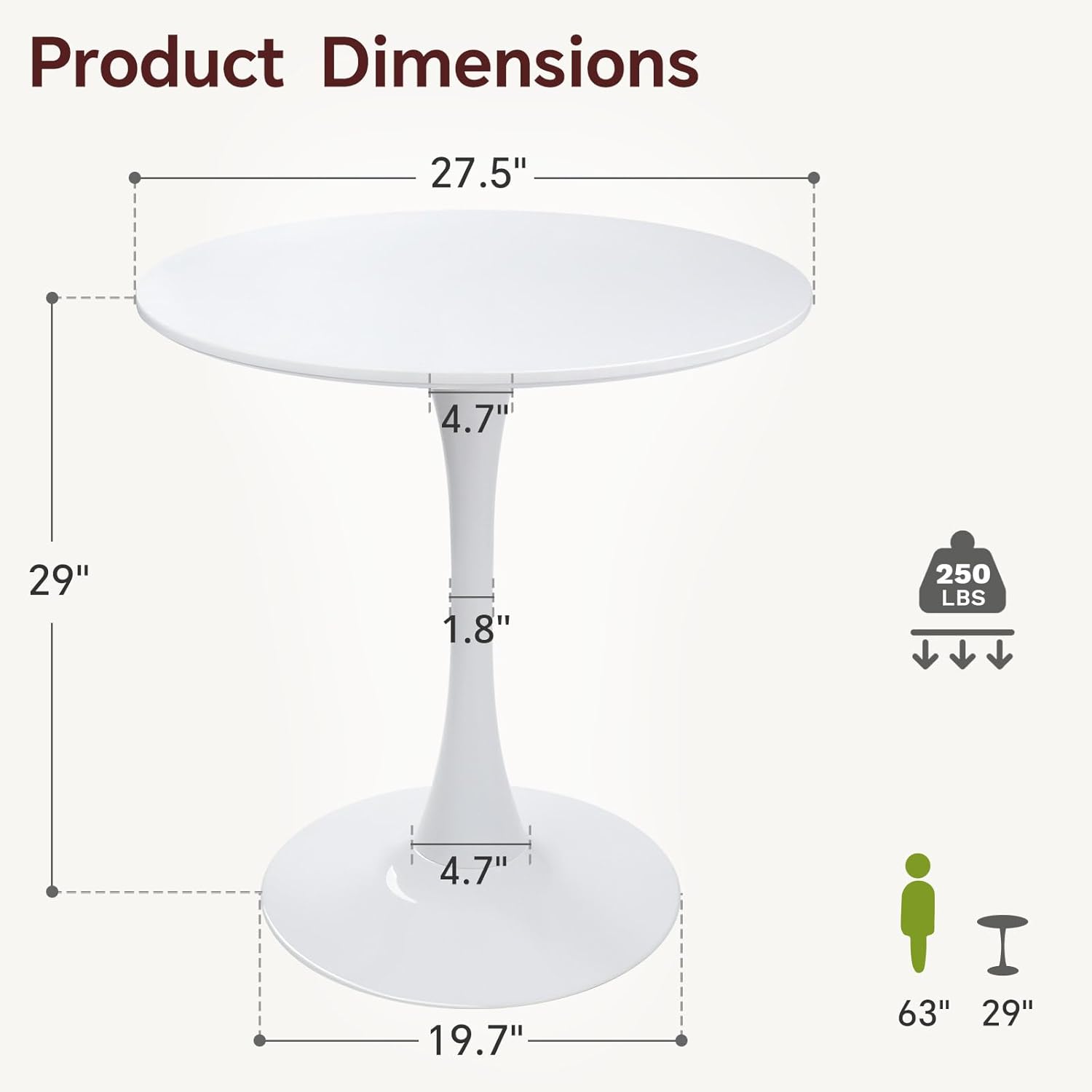 Round Dining Table 27.5 White Tulip Table with Pedestal Base for 2-4 People Small Space - Kitchen Living Room Cafe