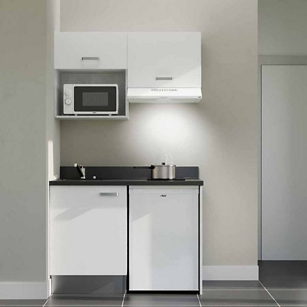 Kitchenette K02 - 120 cm - façades Blanc - Plan monobloc en quartz coloris Nero évier à gauche - Electroménager Blanc