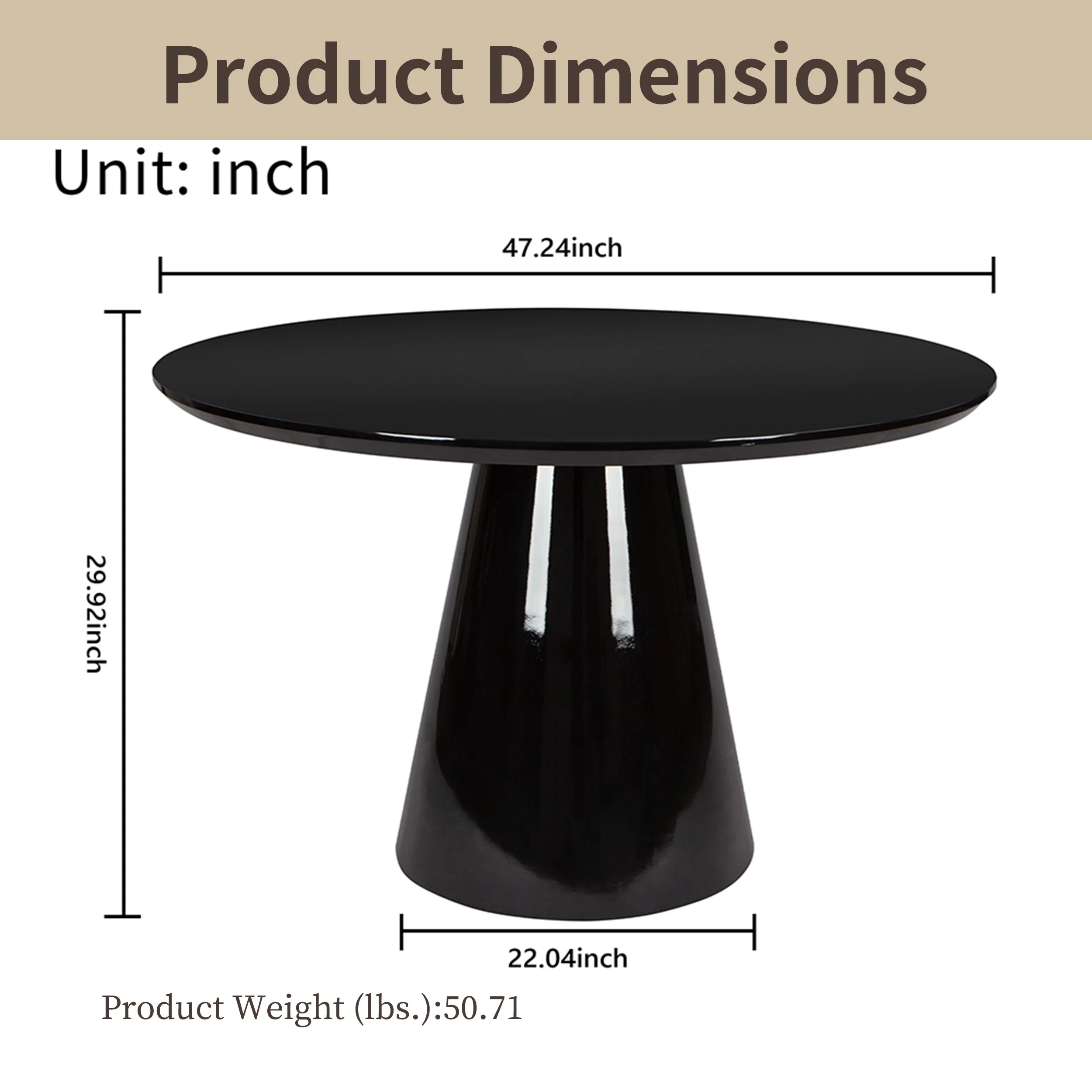 47 Round Glossy Dining Table - Solid Wood Base, Seats 6, Elegant