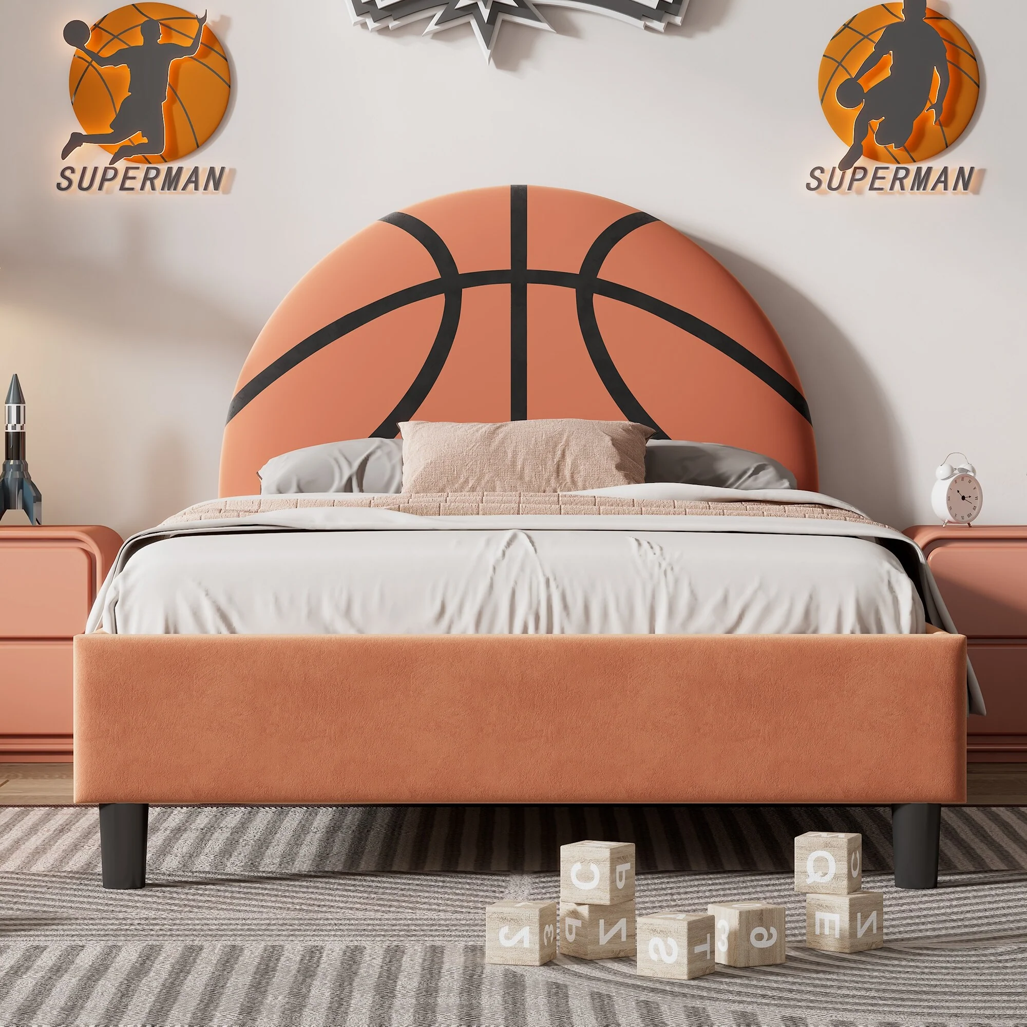 Sport-Themed Twin Bed with Basketball Headboard and No Box Spring Needed