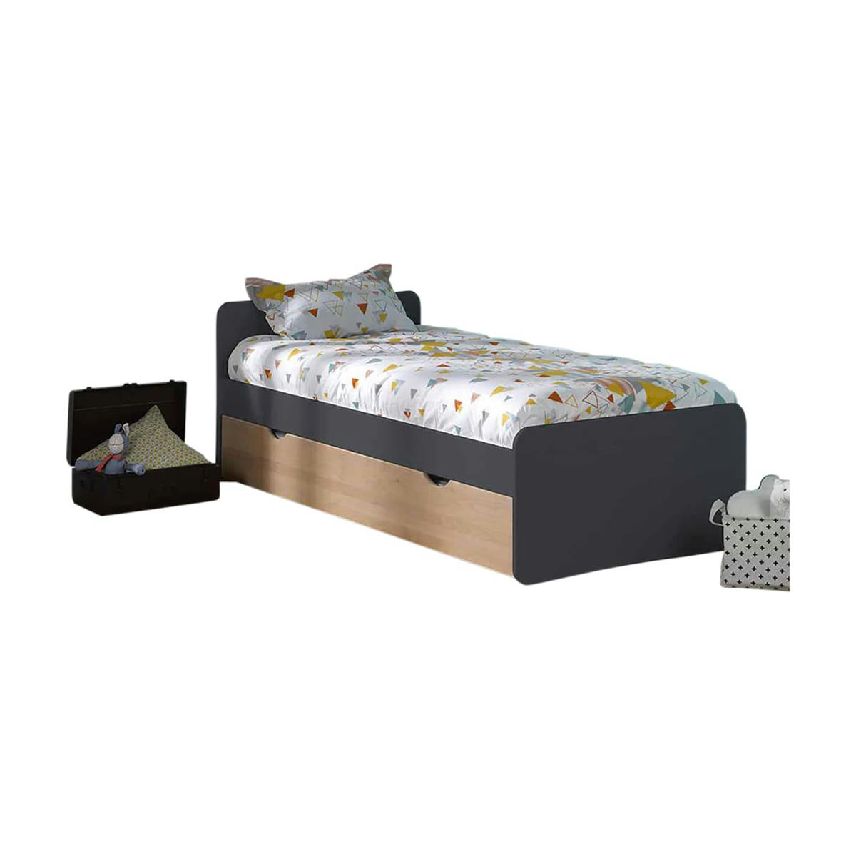 SPIKE - Pack lit gigogne avec 2 matelas 90x190 cm bois massif gris et bois