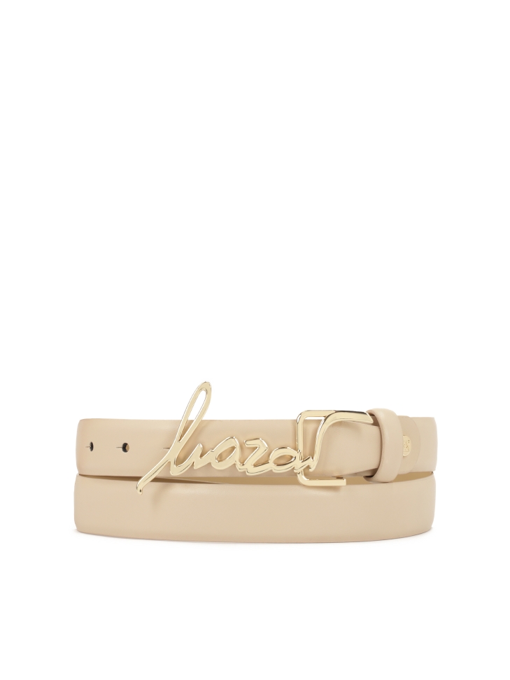 Beige belt with brand name buckle