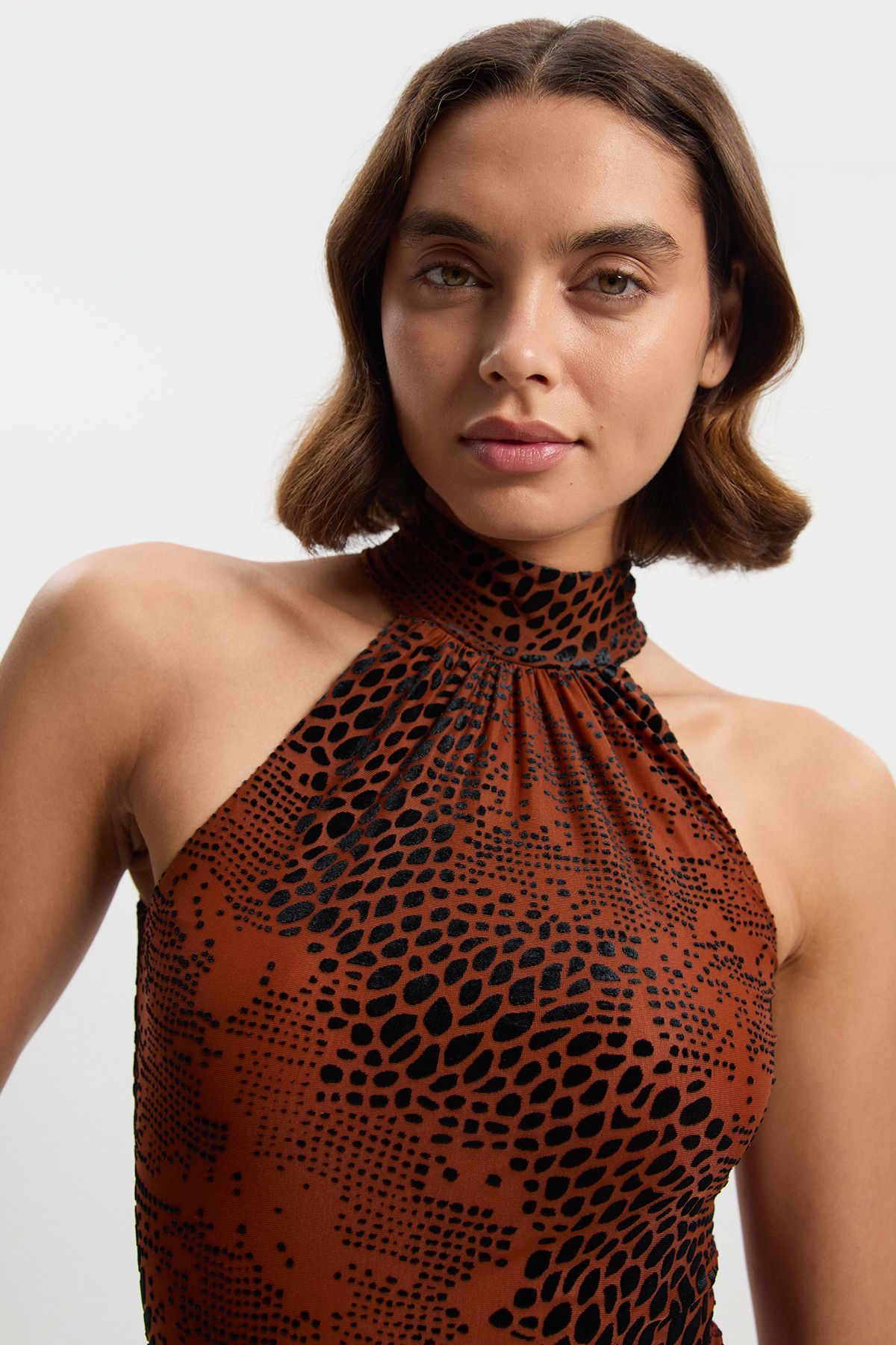 KarenMillen Animal Stretch Velvet Devore Halter Neck Mini Dress