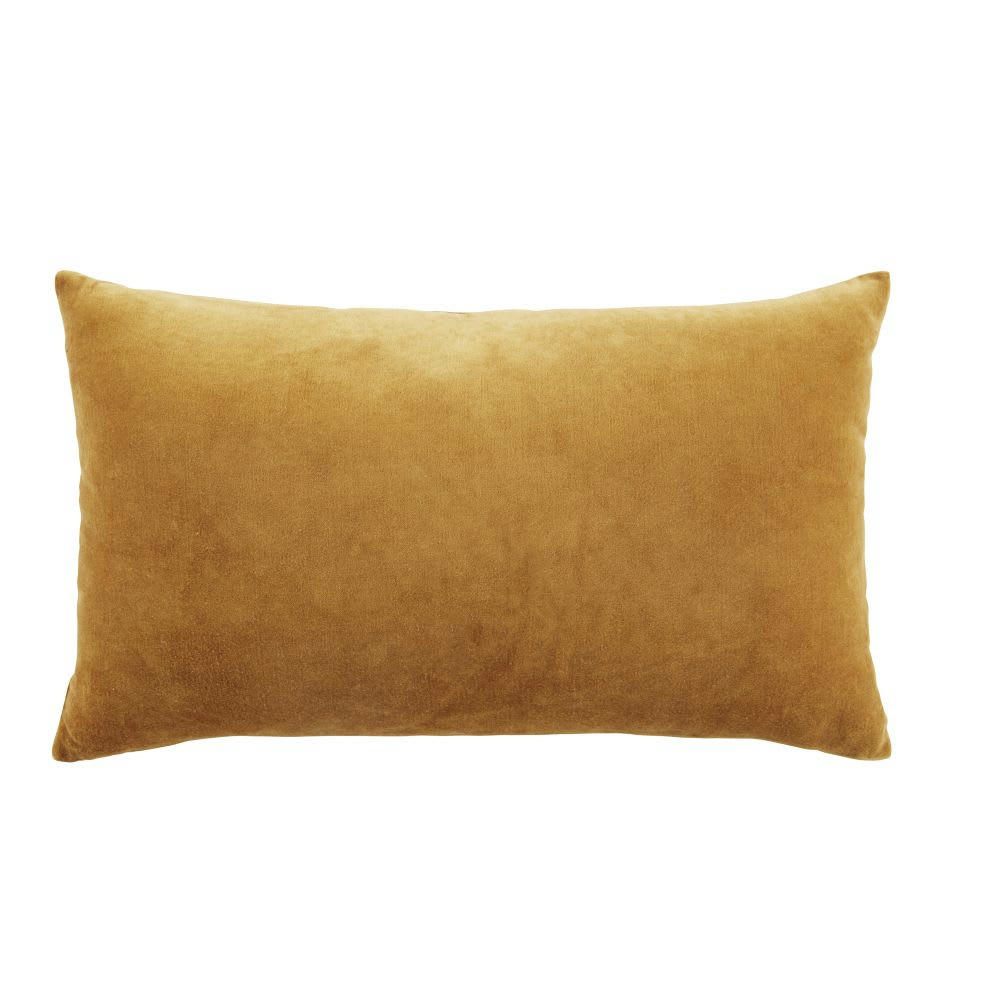 ALTURA - Coussin en velours de coton ocre motif cœur floral doré brodé 50x30