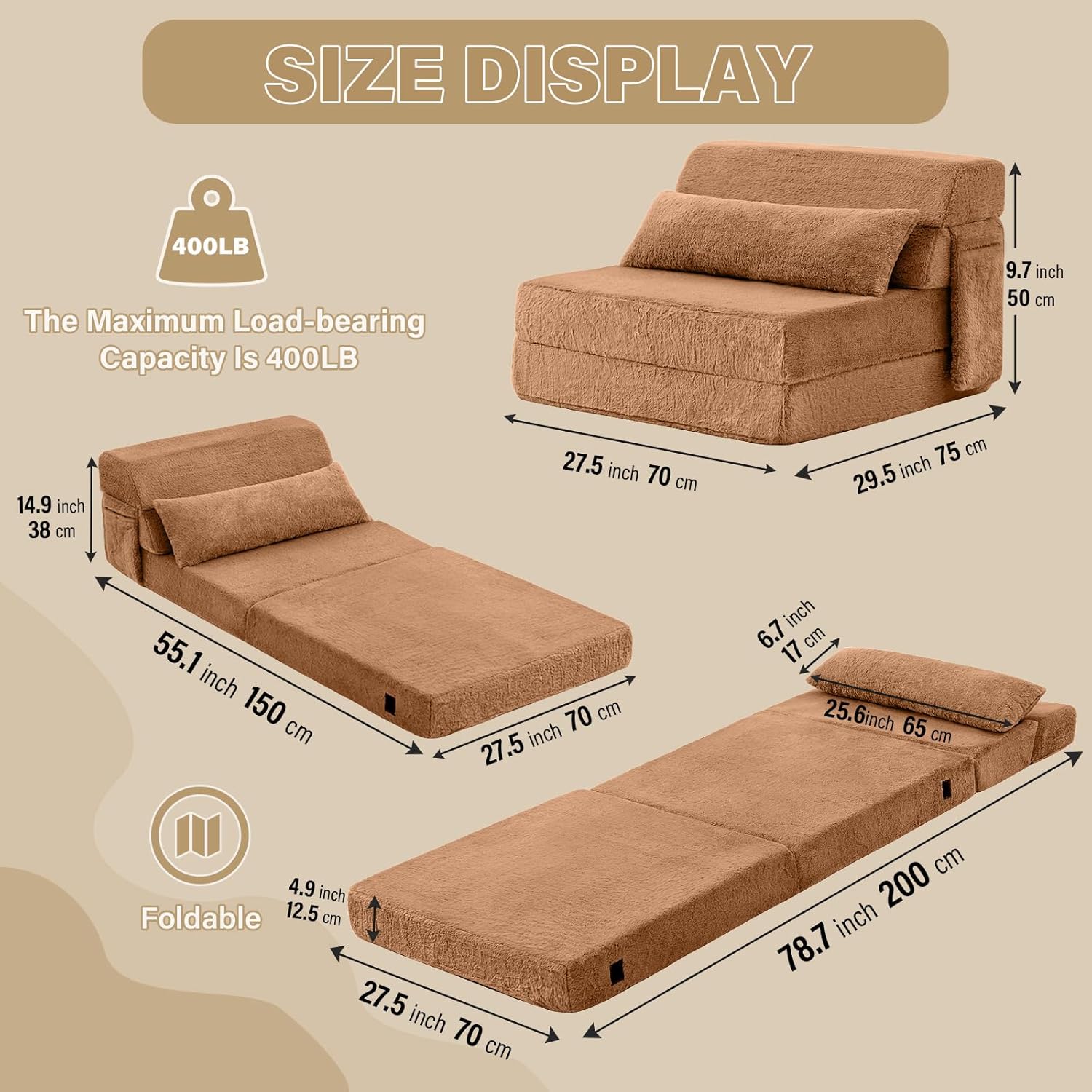 Tiita Convertible Folding Sofa Bed Single Size for Adults with Pillow, Plush Fabric Floor Mattress Couch Bed, Washable Cover & Side Pocket, Guest Room, Dorm, Apartment, Living Room, Brown