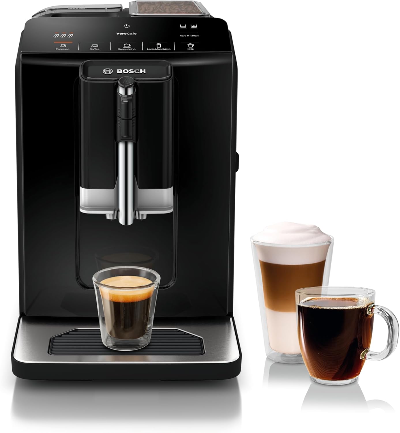 Bosch 300 Series Fully Automatic Espresso and Coffee Machine – One Touch Milk Drinks, Built-In Ceramic Grinder, In-Cup Frother, Easy Clean and Descale, Black TIU20109
