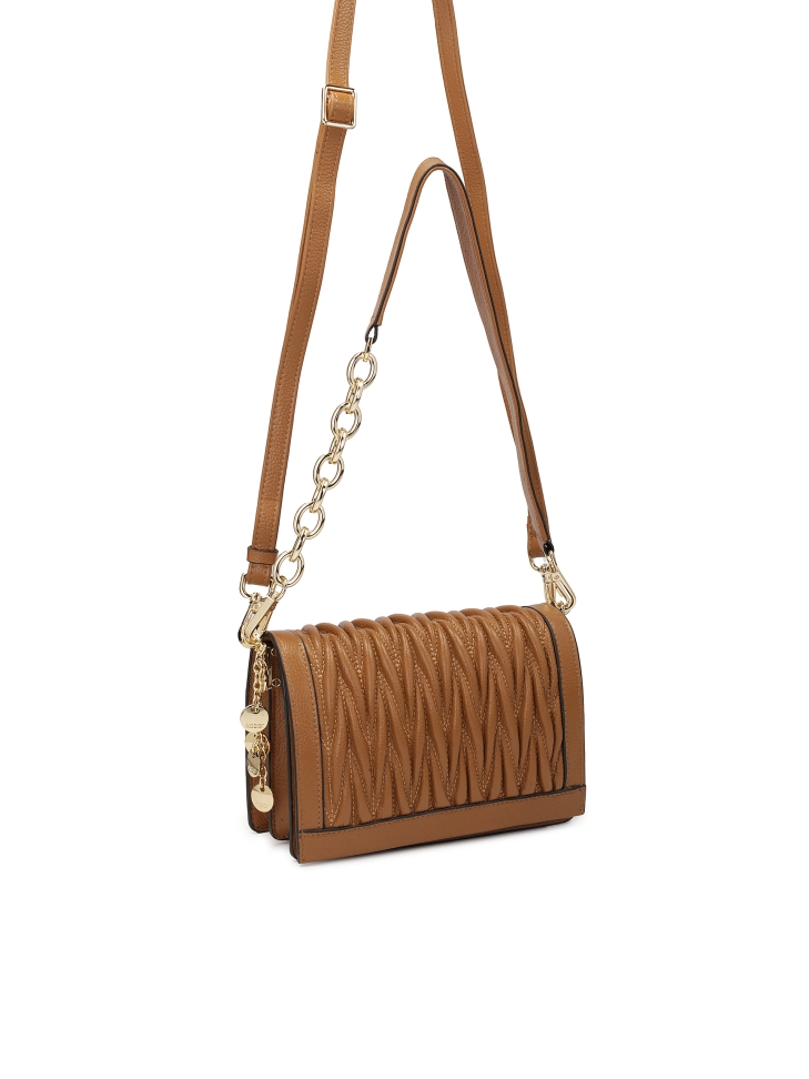 Leather handbag with quilted flap and two straps