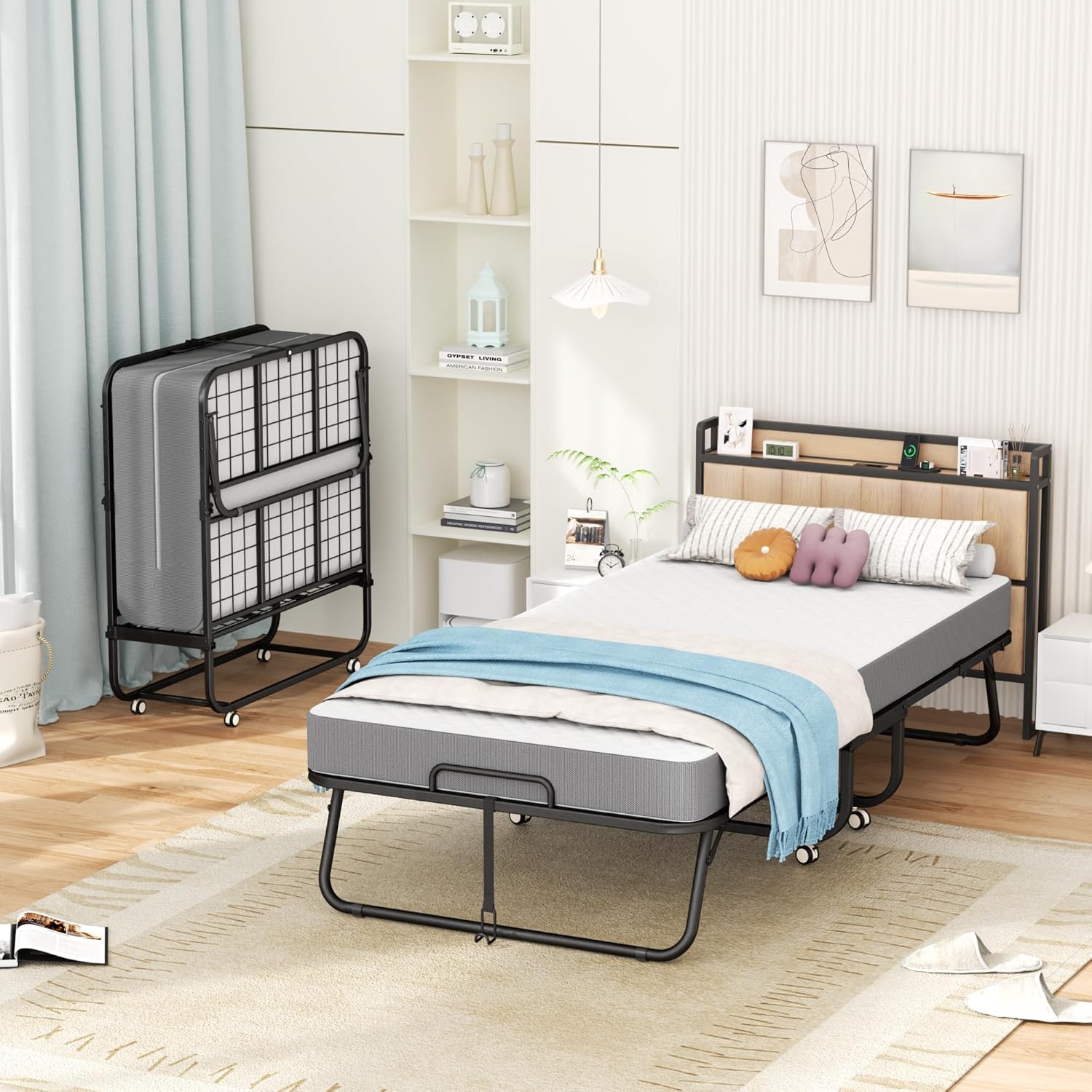 INTERGREAT Folding Bed, 75 x 31Cot Size Portable Folding Beds for Adults, Metal Foldable Bed on Wheels for Guest, Space Saving Roll Away Beds for Easy Storage