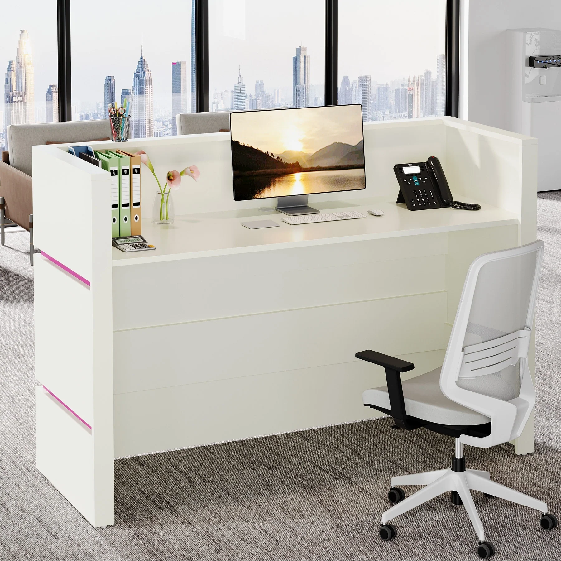 55.12” Reception Desk with 7-Color LED Lights, Modern Front Desk Reception Counter