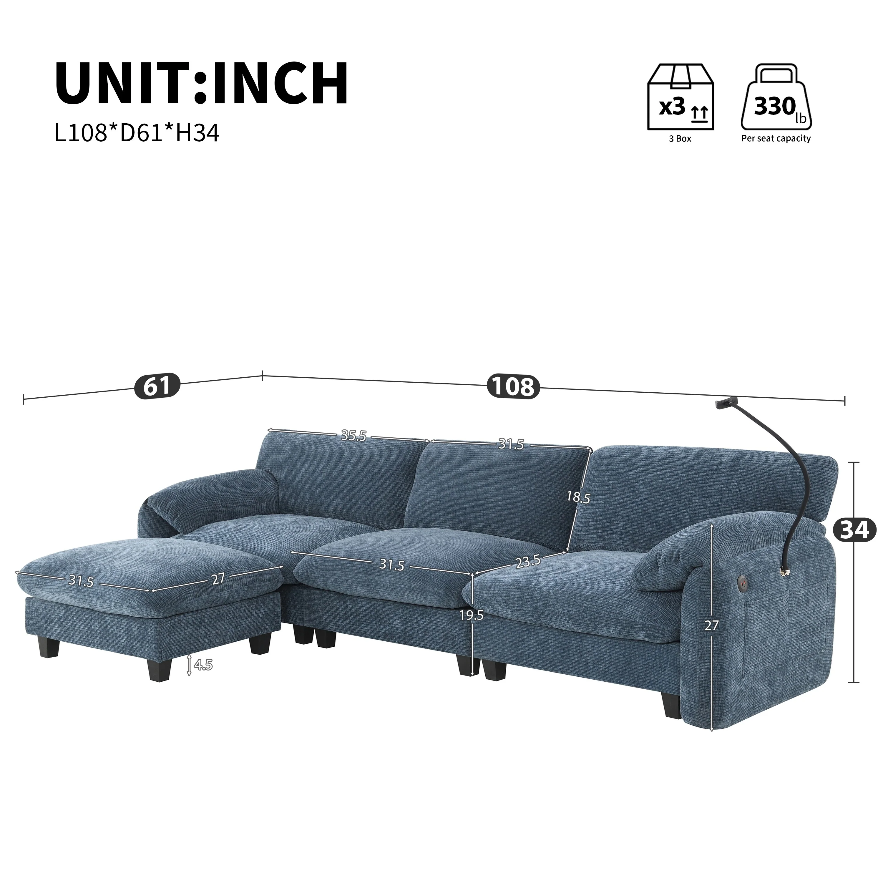 Modular Sectional Sofa,L-Shape with 31.5 Extra-Wide Seat Cushion,USB and Type-C Charger,Phone Holder and 2 Side Storage Pockets