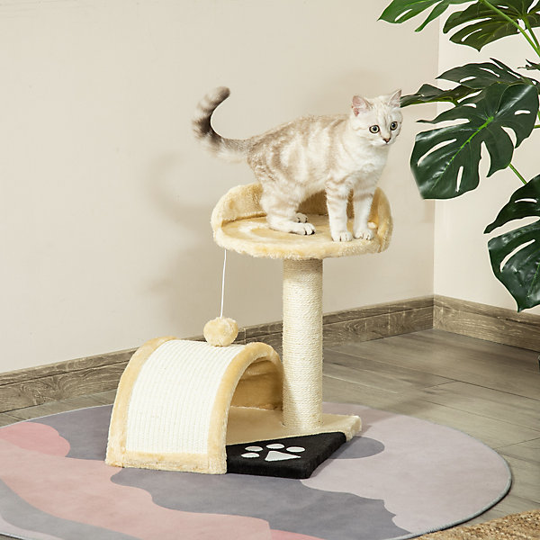 Arbre à chat griffoir grattoir design jeu boule suspendue   plateforme peluche sisal naturel beige