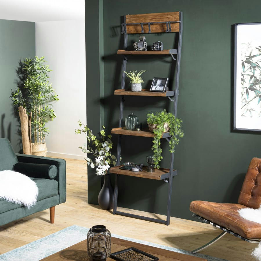 ALIDA - Etagère murale plateaux 4 niveaux en teck recyclé métal noir