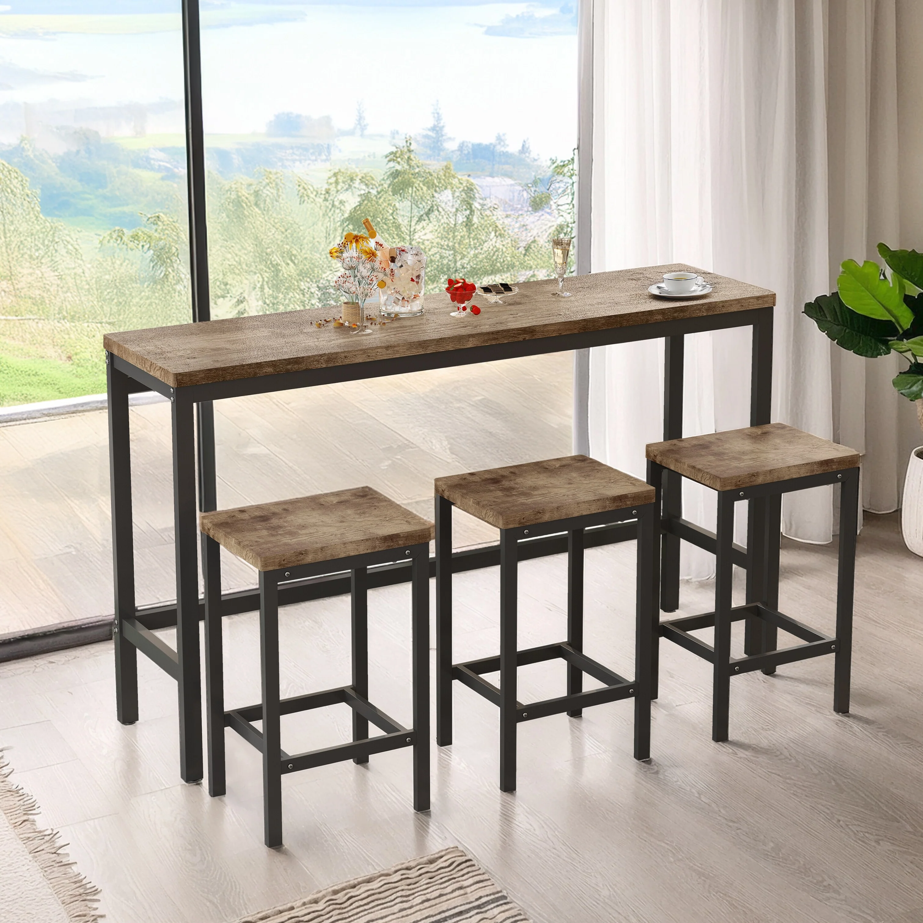 Counter Height Extra Long Dining Table Set with 3 Stools