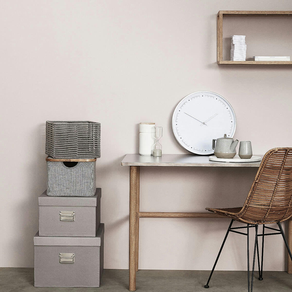 EASE - Boîte de rangement avec couvercle en tissu gris et bambou L45