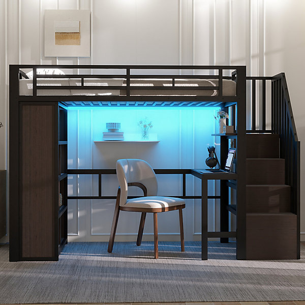 Lit Mezzanine 90x200 cm - LED Intégrée, Bureau et Rangements avec Escalier de Rangement, Métal/MDF, Noir
