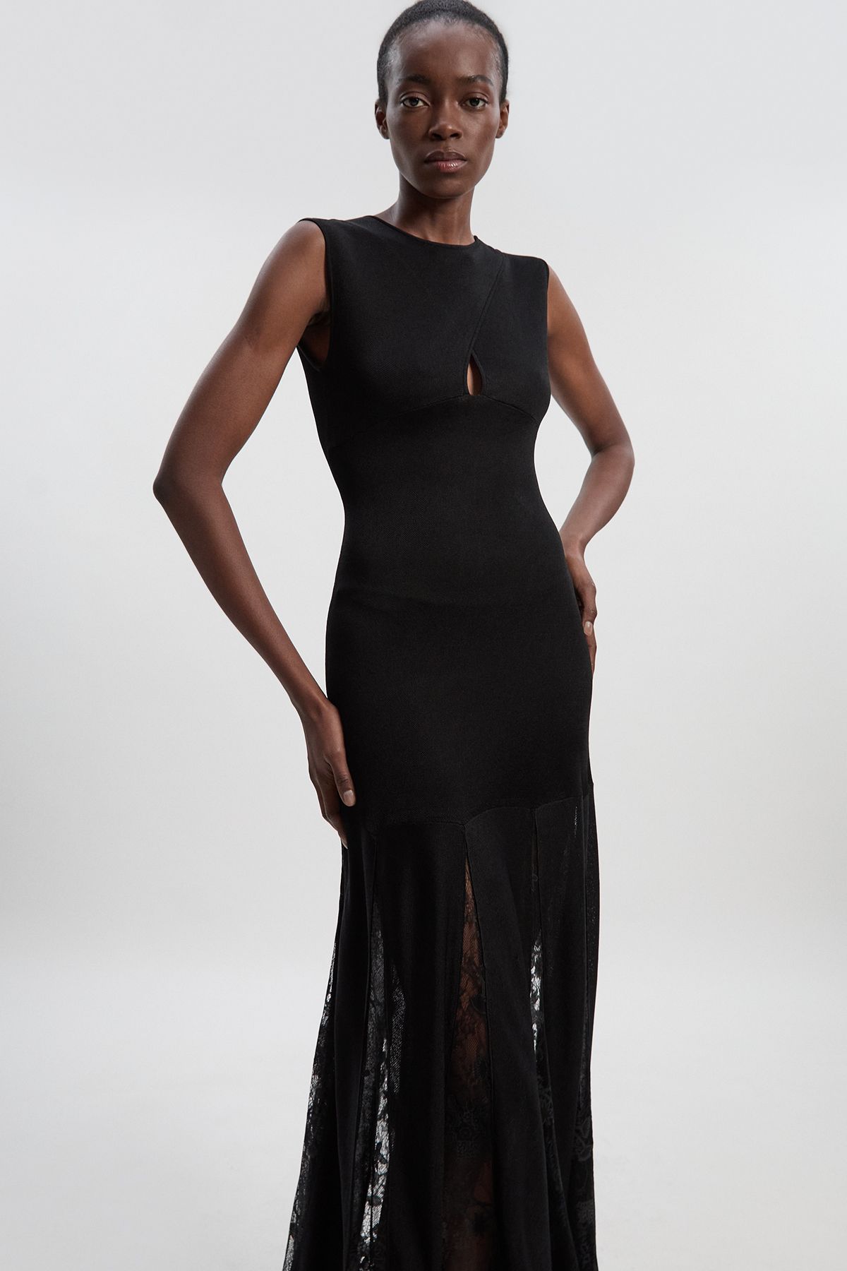 KarenMillen Viscose Blend Slinky Sheer Lace Detail Knit Maxi Dress