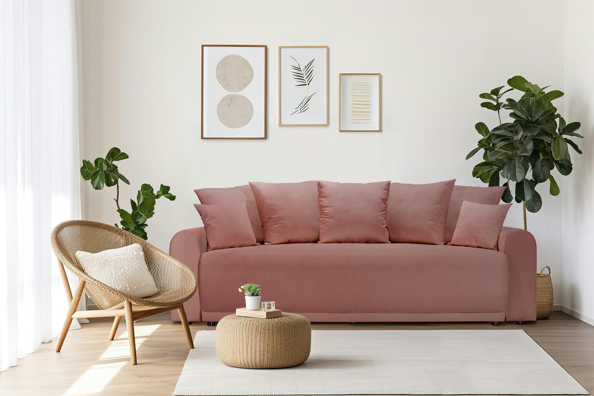 ANGE - Canapé droit convertible 3 places  en velours côtelé terracotta