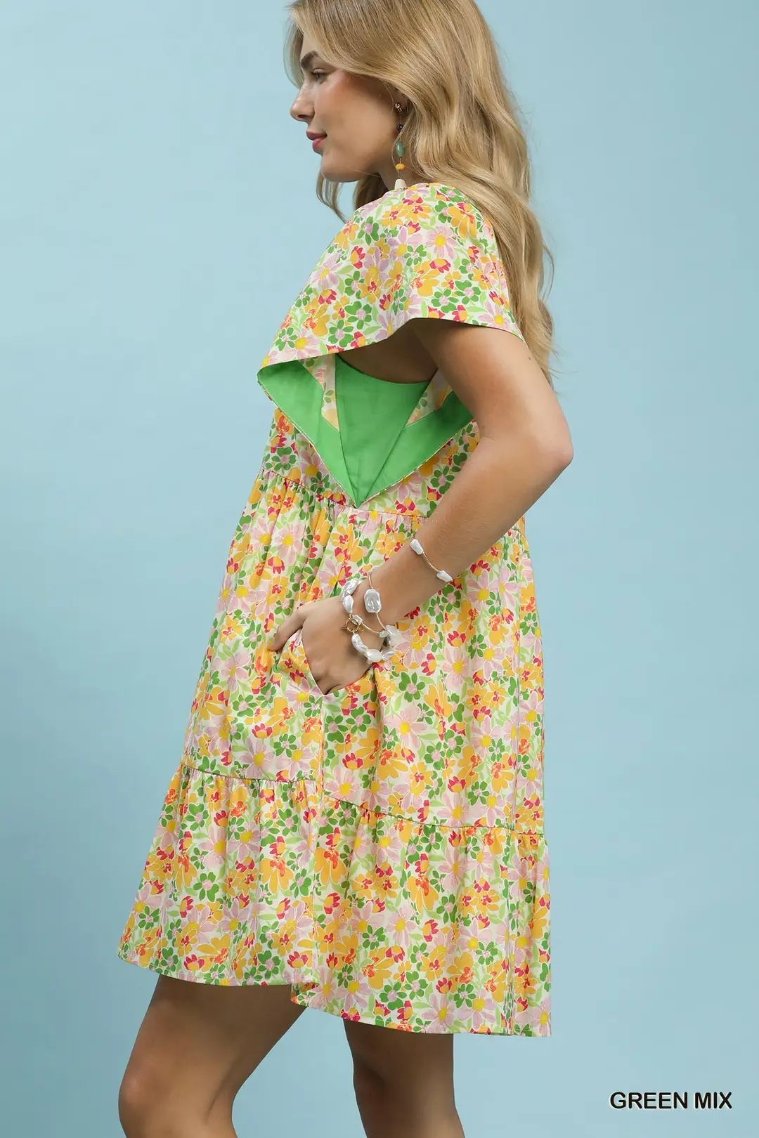 Mix Floral Tiered Mini Dress with Side Pockets