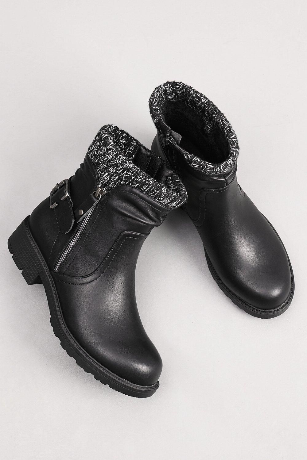 IVACHY Super Comfy Cushioned English-Style Kitten Cuff Ribbed-Knit Ankle Boots