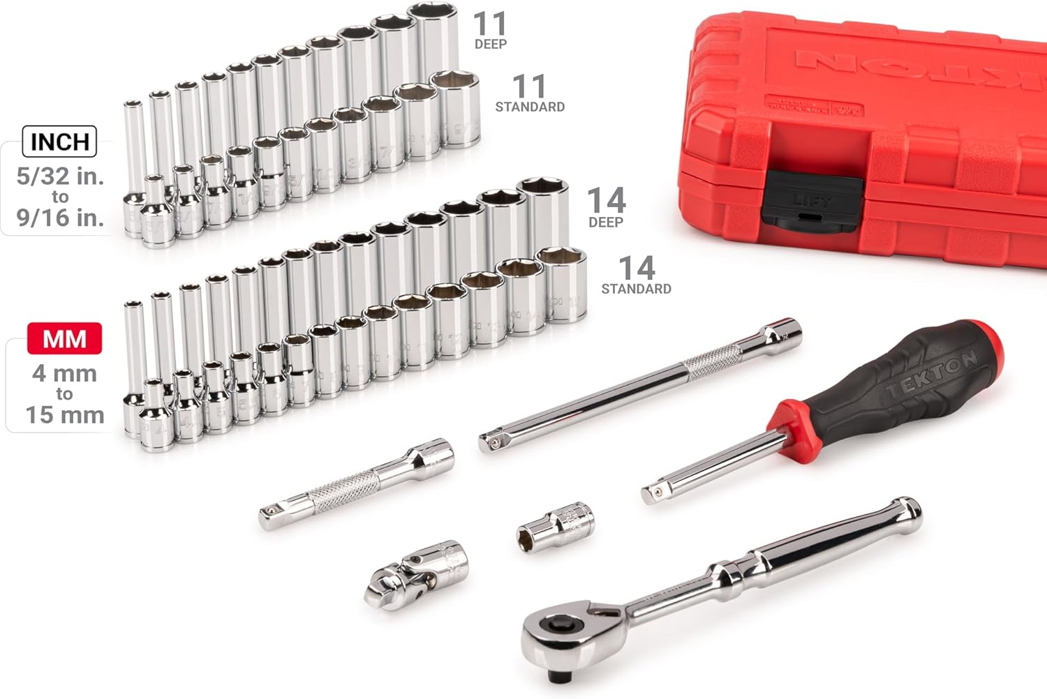 TEKTON 1/4 Inch Drive 6-Point Socket and Ratchet Set with Case, 56-Piece (5/32-9/16 in., 4-15 mm) | SKT05303