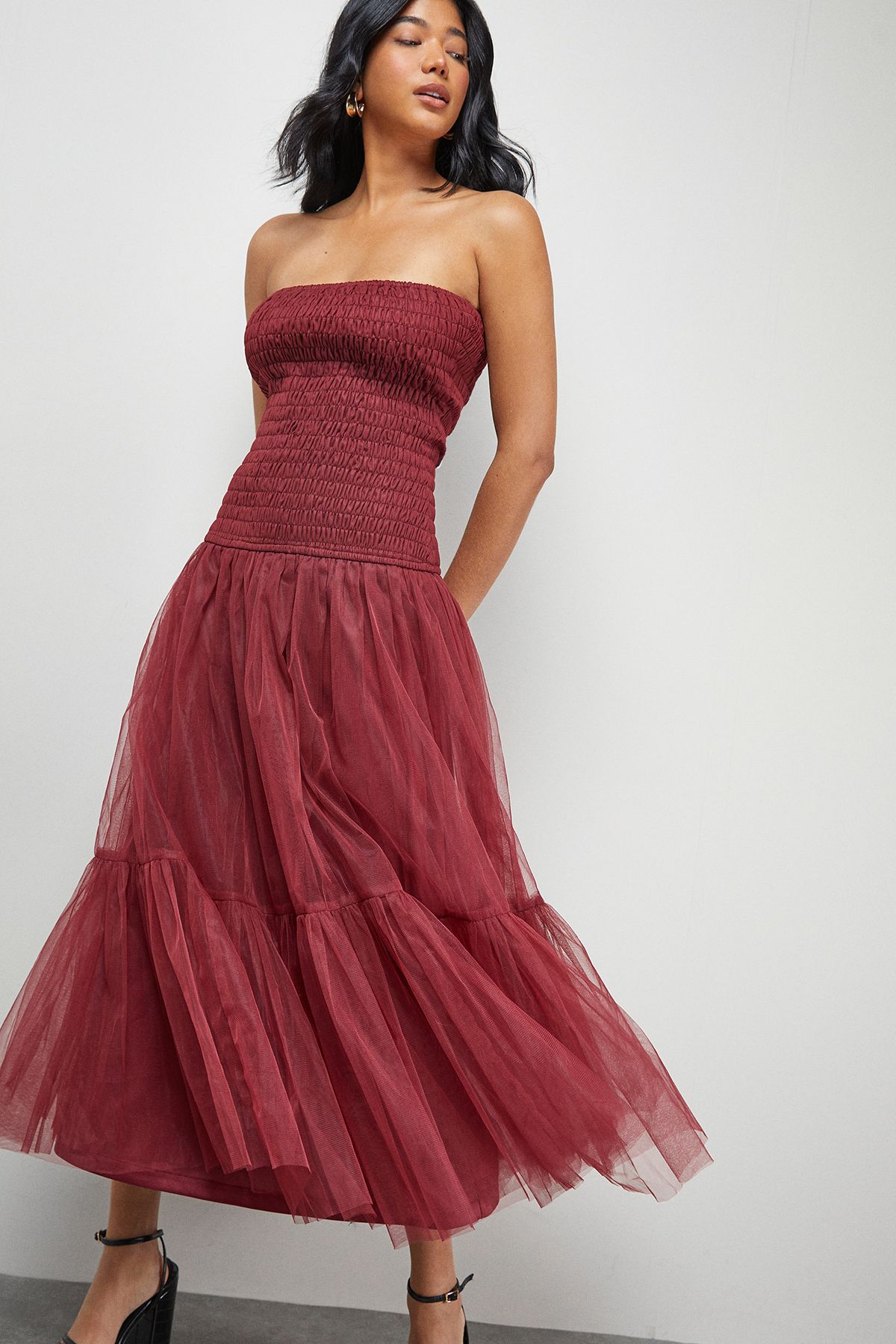 Warehouse Bandeau Sheering Tulle Maxi Dress