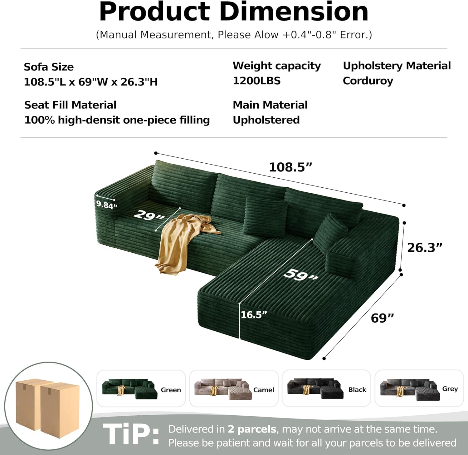 108.2 Modular Sectional Sofa with Deep Seat, Boneless L Shaped Corduroy Couch Modern Comfort, Cloud Couch Oversized for Living Room No Assembly (Right Facing Chaise,Green)