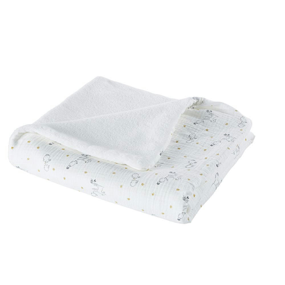 MIMIZAN - Couverture bébé blanche, grise et jaune moutarde motifs animaux 75x100