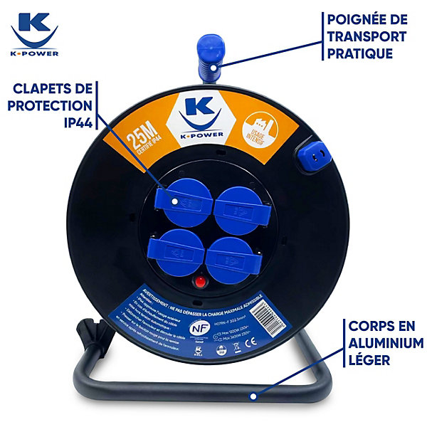 Enrouleur Pro 25M 3G2.5 IP44 avec 4 Prises à Clapet pour Usage Intensif en Intérieur &Extérieur