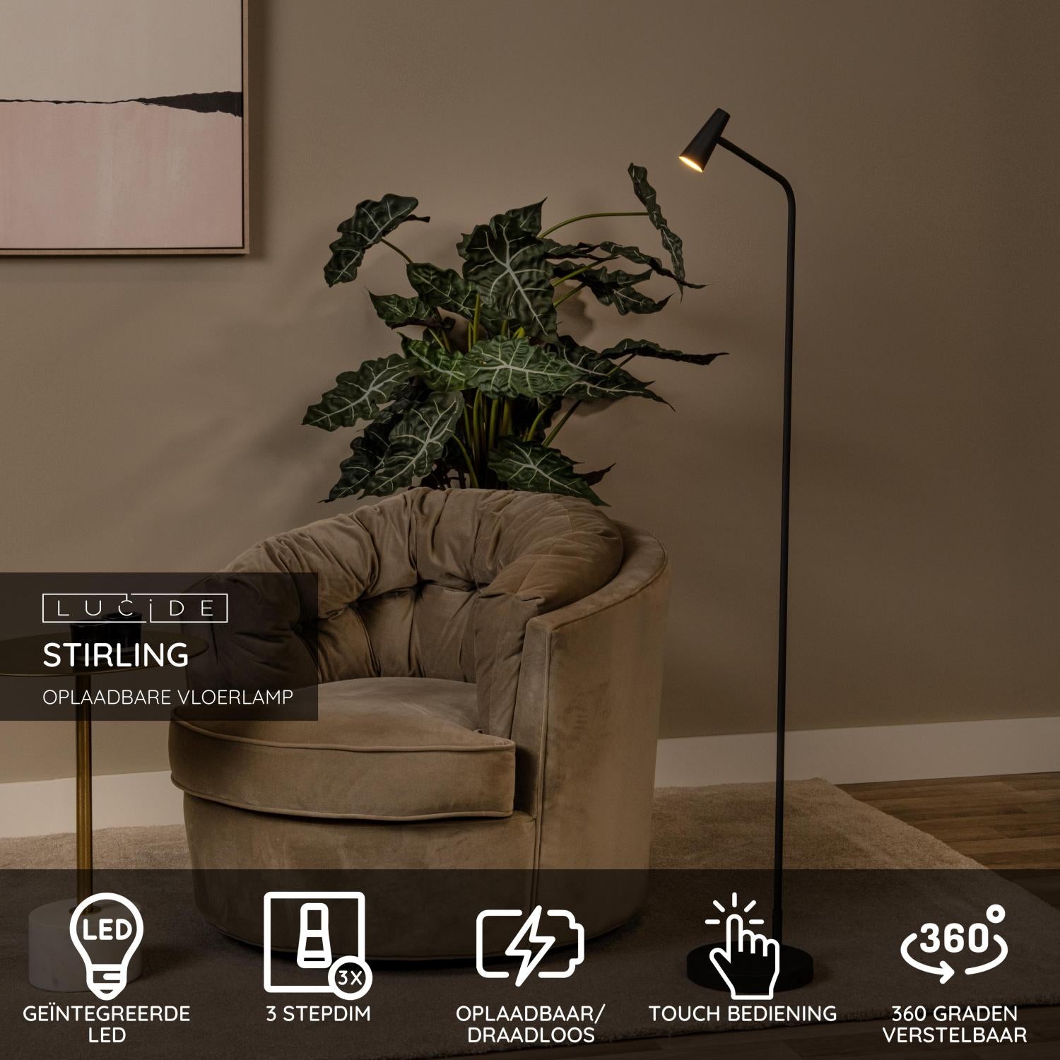 Stirling vloerlamp LED oplaadbaar zwart