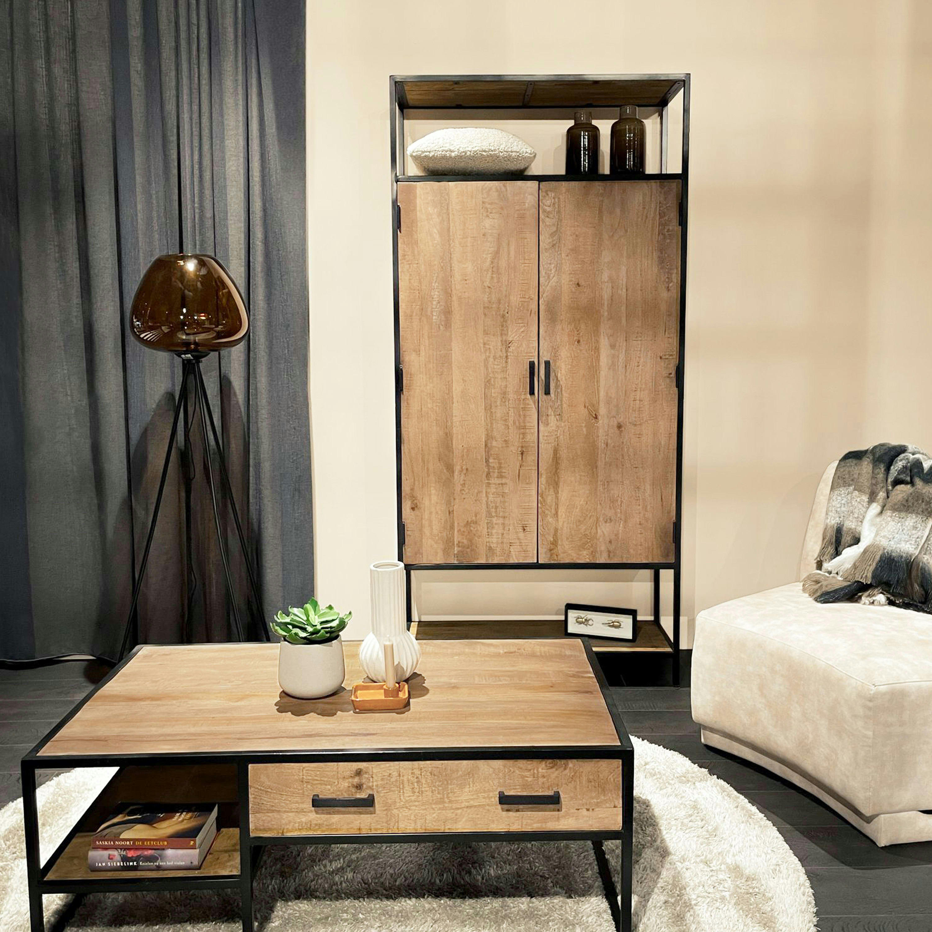 ANGLET - ANGLET-Buffet haut 2 portes, bois de Manguier massif et métal noir