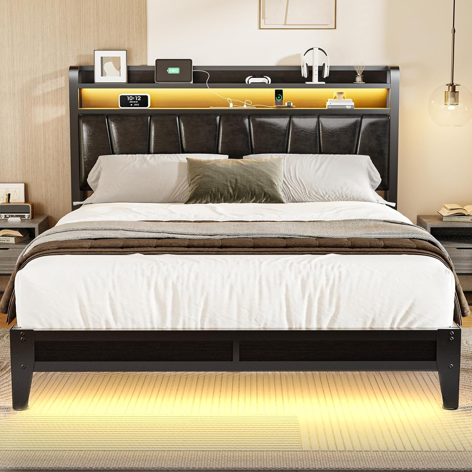 Queen Size Bed Frame with 2-Tier Storage Shelves, LED Bed Frame with PU Leather Headboard, Metal Platform Bed with Charging Station, Noise Free, No Box Spring Needed, Easy Assembly, Black