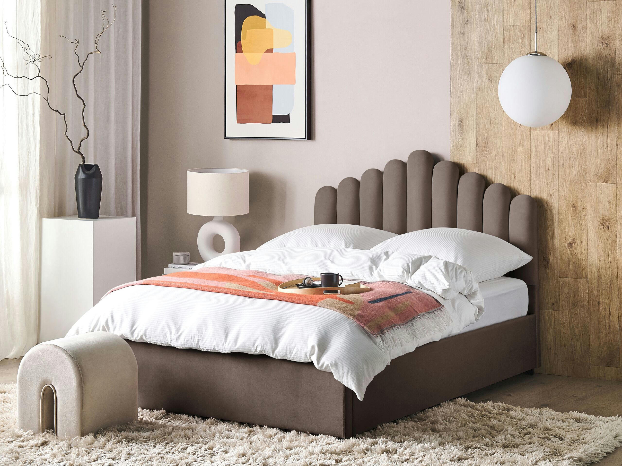 VINCENNES - Lit double en tissu beige 140x200