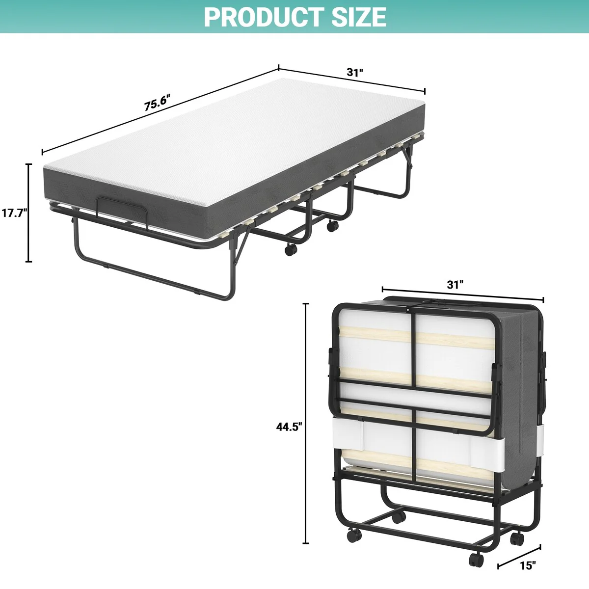Folding Bed with Memory Foam Mattress, Rollaway Bed with Wheels