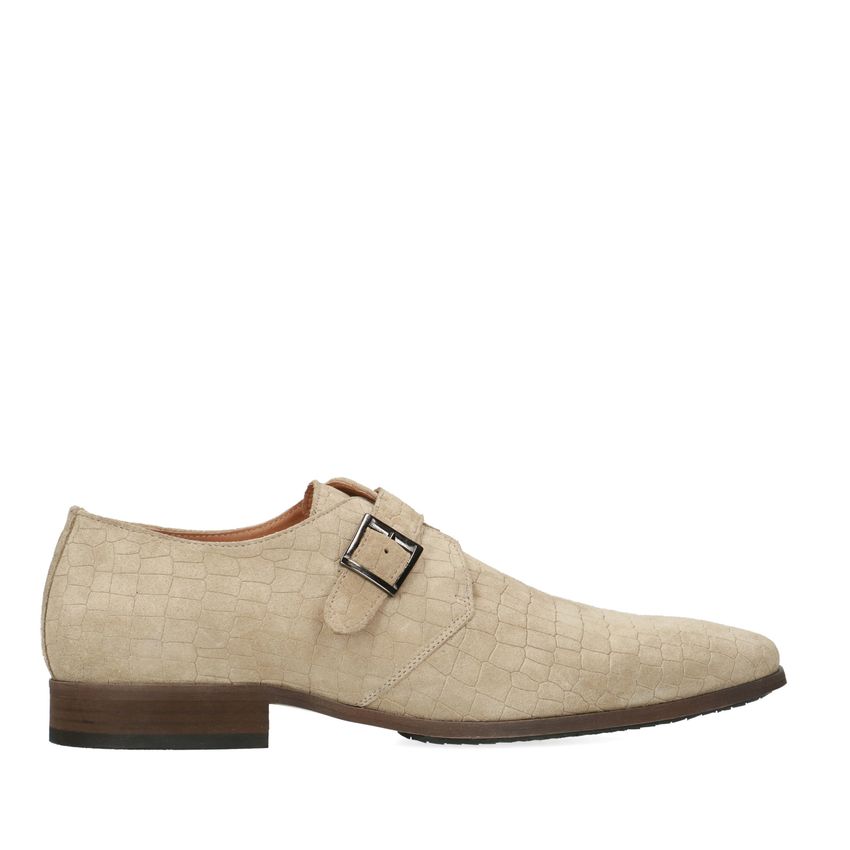 Manfield Beige suède gespschoenen met print