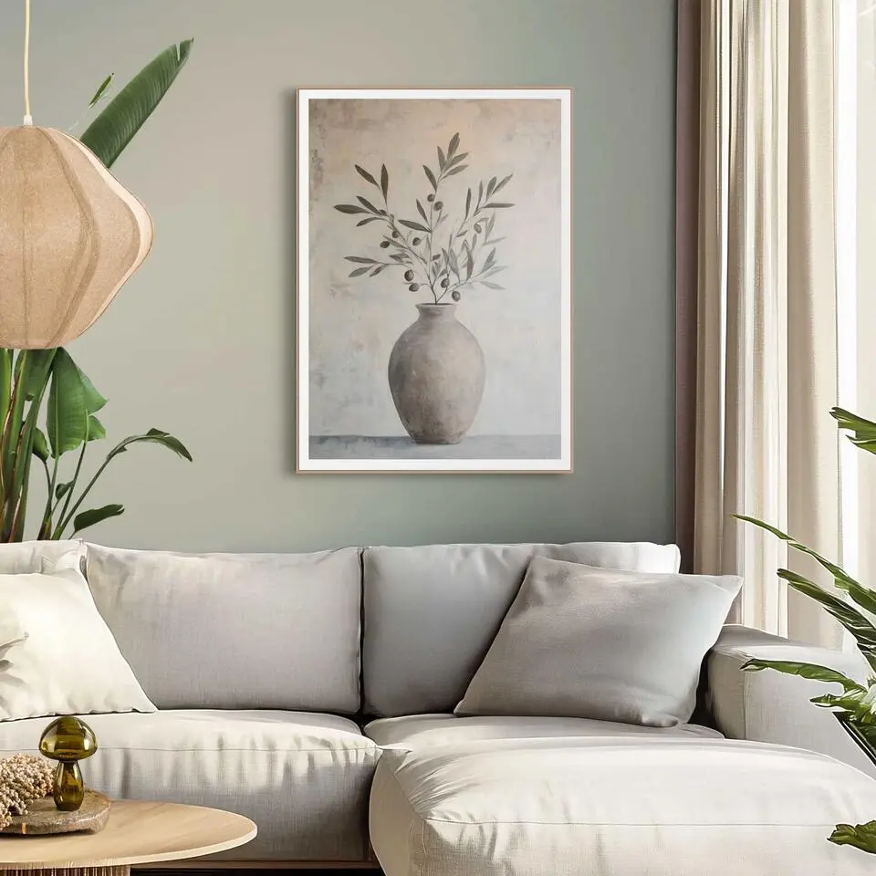 Schilderij Olijven op Vaas - 70 x 50 - Groen