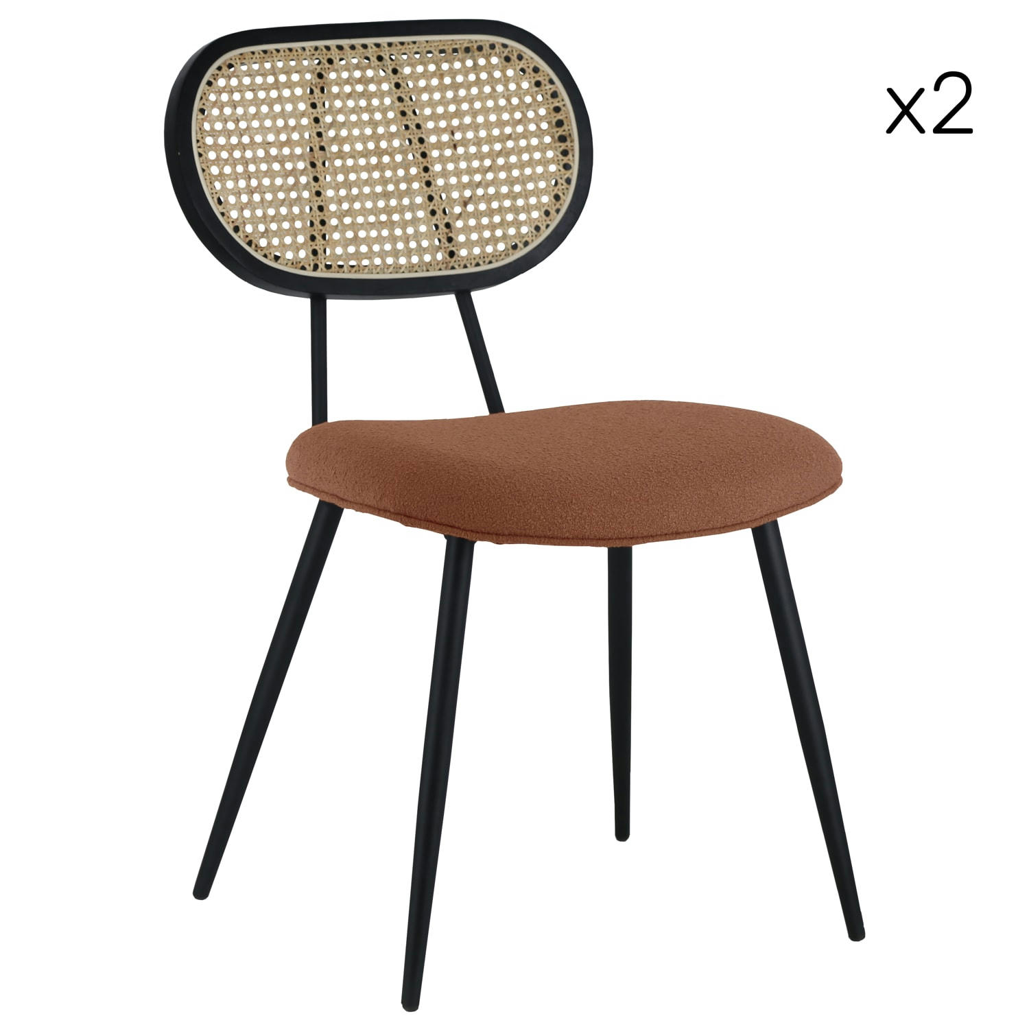 ELENA - Lot de 2 chaises en cannage et tissu boucle rouille