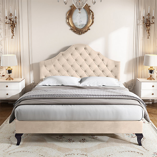 Lit rembourré 140x190cm, avec sommier à lattes et tête de lit, avec tête de lit réglable en hauteur, velours, beige