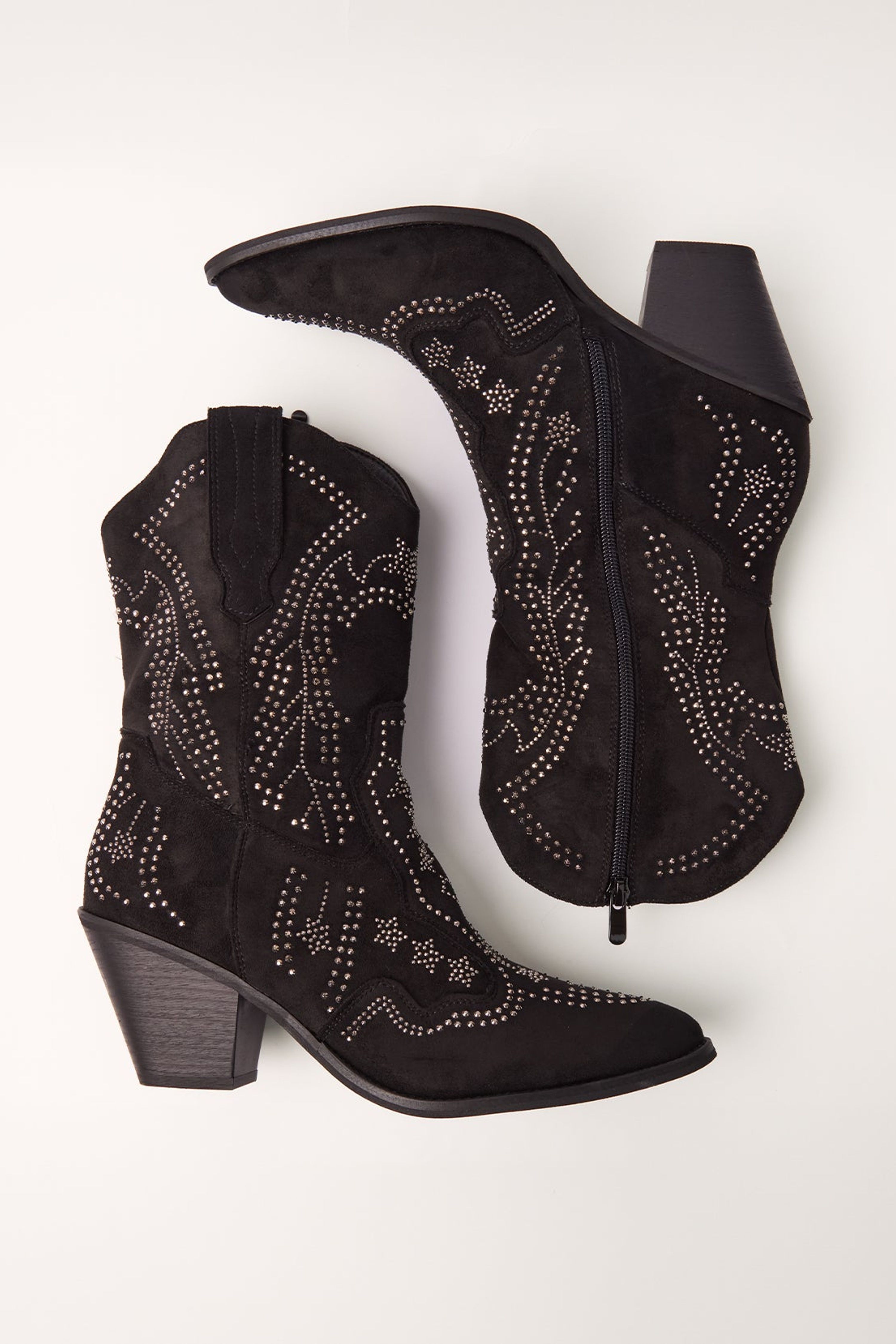 Blue Vanilla Black Studded Mid Length Diamante Cowboy Boots