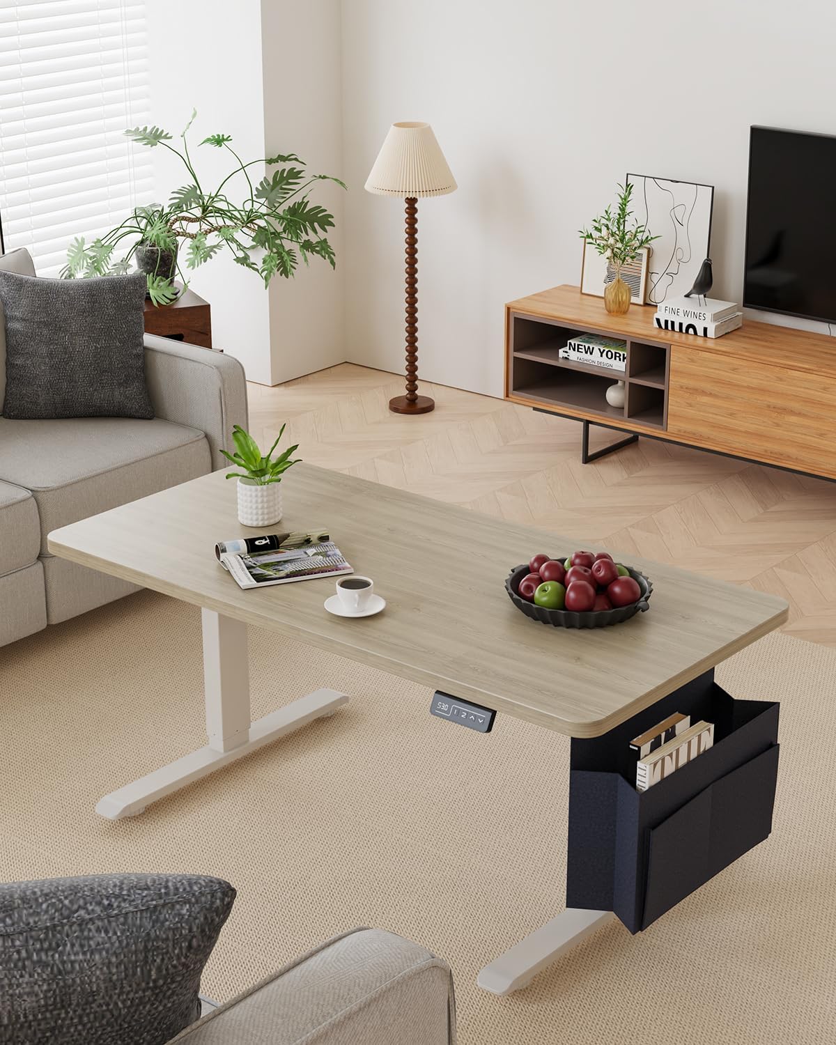 Coffee Table, Height Adjustable Electric Coffee Table with Storage Bag Lift Tabletop Dining Table Office Table with Lockable Wheels for Living Room (Grey Oak Look, 40 x 24 Inches)
