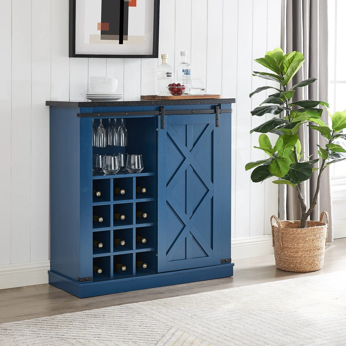 37 in. Blue Wood Buffet Bar Cabinet Barn Door with Marbling Pattern Countertop