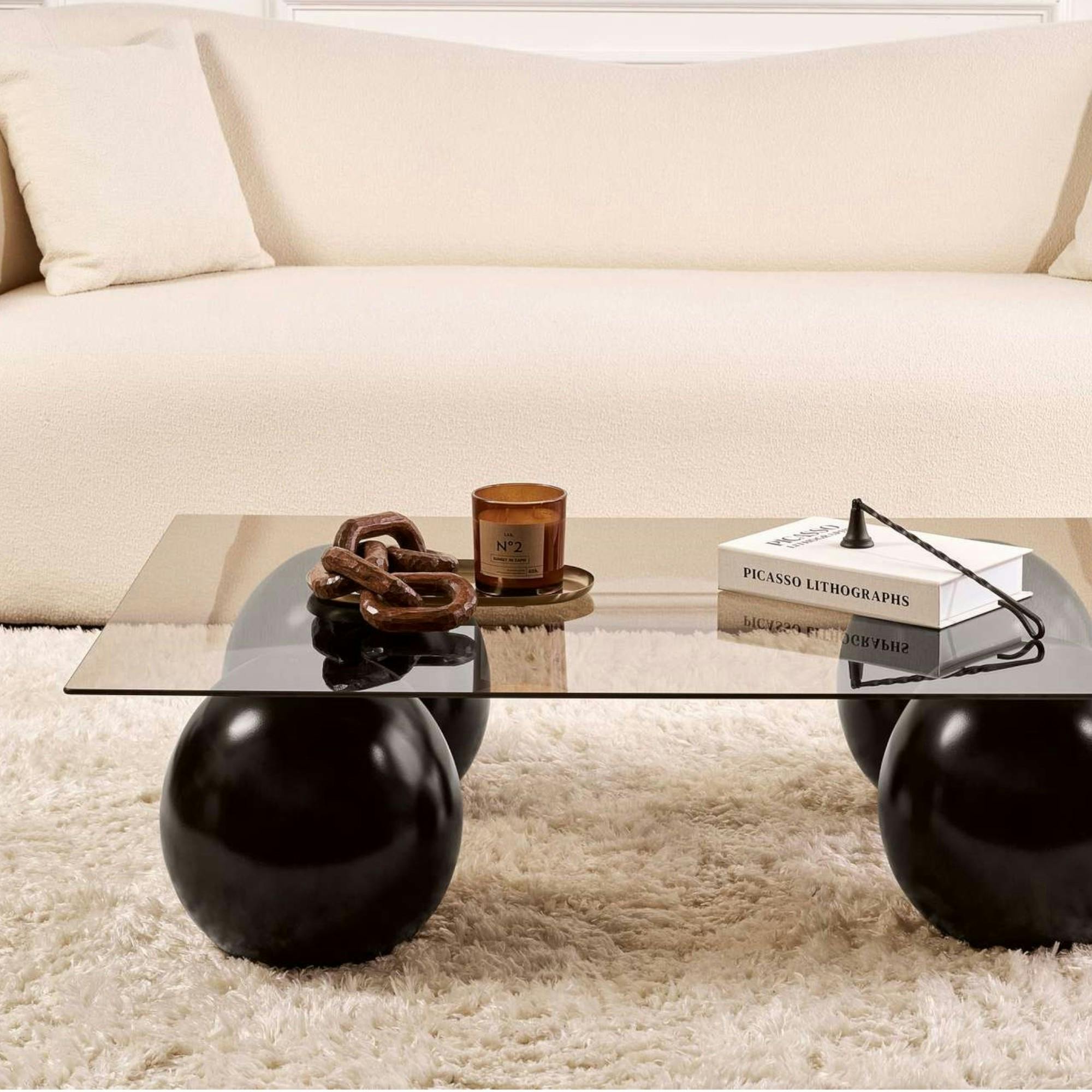 Table basse verre ambré rectangulaire - 4 pieds noirs KOCHI