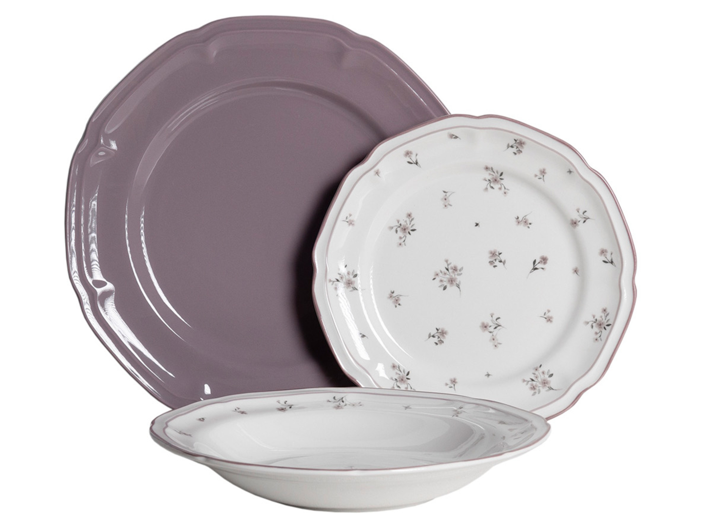 Komplet obiadowy porcelanowy Carina 18 el. biało-fioletowy