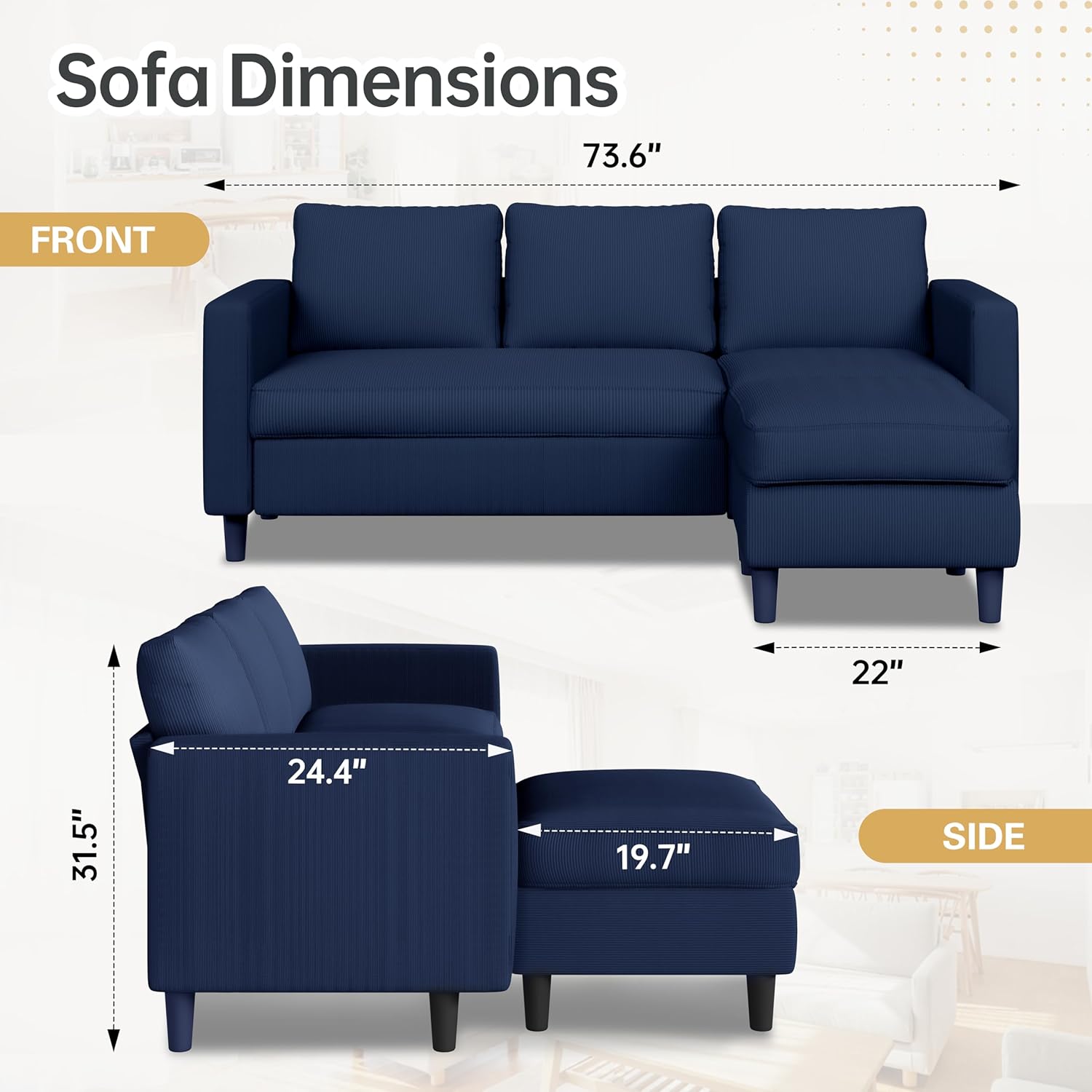 JAMFLY 3-Seat Convertible L-Shaped Sectional Sofa with Reversible Ottoman, Upholstered Fabric Couch for Small Living Rooms, Modern Modular Couch for Apartment, Studio & Loft, Blue