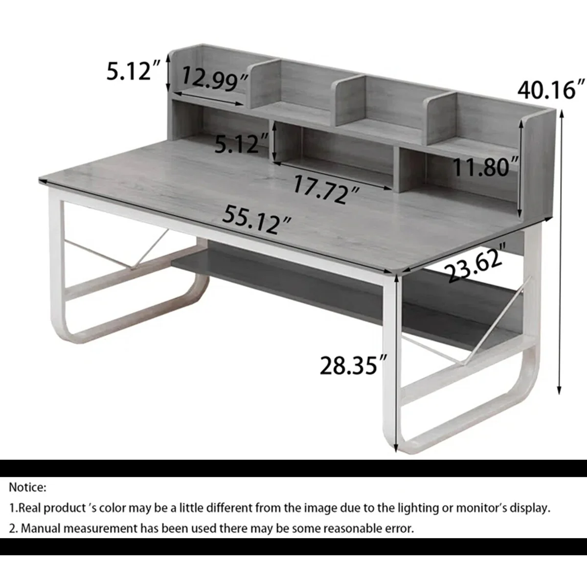 Grey White Rectangle Computer Desk with Hutch