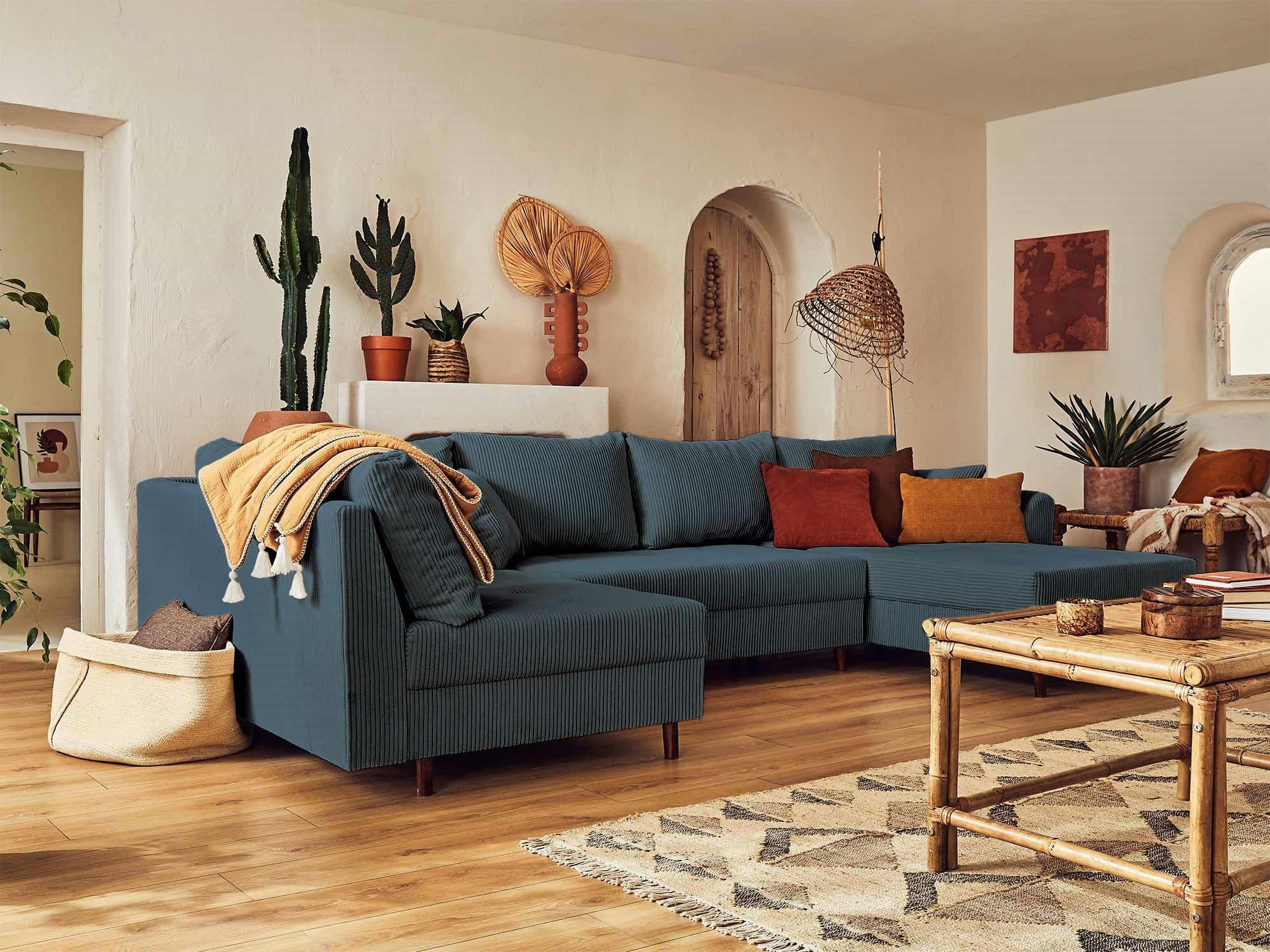 RUNE - Canapé d'angle gauche 7 places en velours côtelé bleu nuit