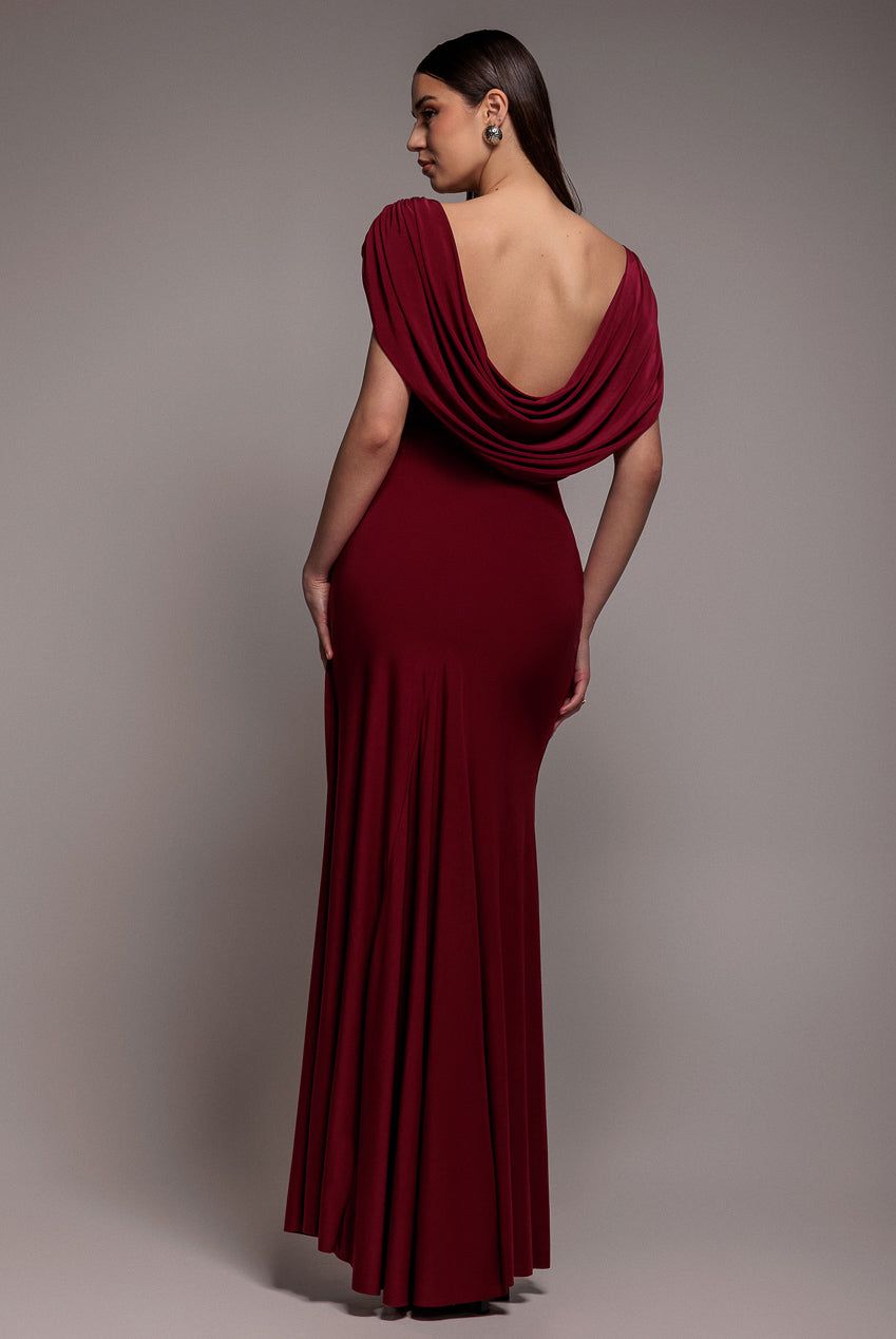 Goddiva Cowl Plunge Draped Mermaid Maxi Dress