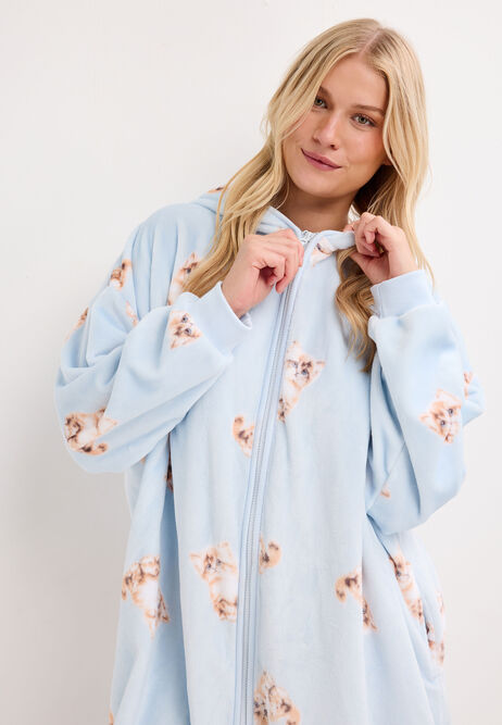 Womens Blue Cat Print Zip Through Blanket Dressing Gown