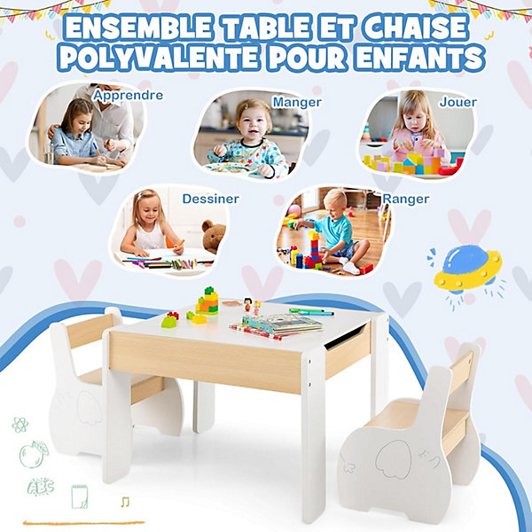 Ensemble Table et Chaises pour Enfants 3PCS avec Plateau Rabattable Dossier Ergonomique 4 en 1 Table Activités Blanc