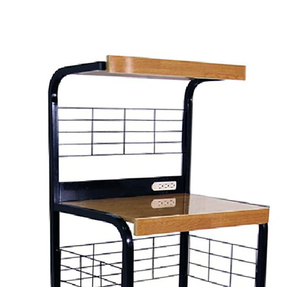 Wood and Metal Frame Microwave Cart with Power Outlet, Black and Brown